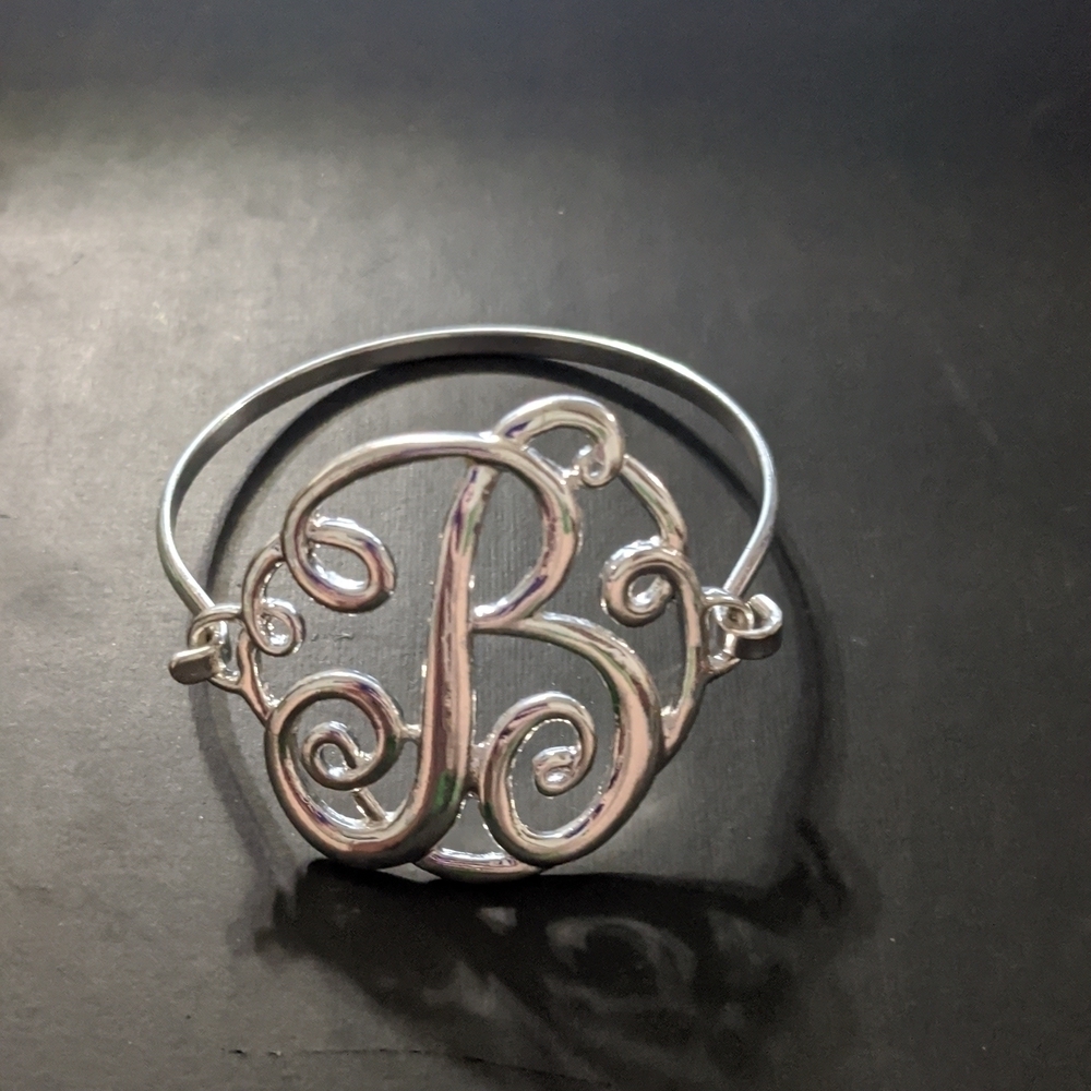 Silver Tone B Initial Monogram Cuff Statement Bracelet
